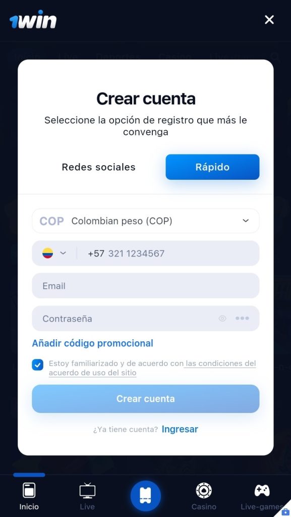 Registro en 1Win Colombia — paso 2