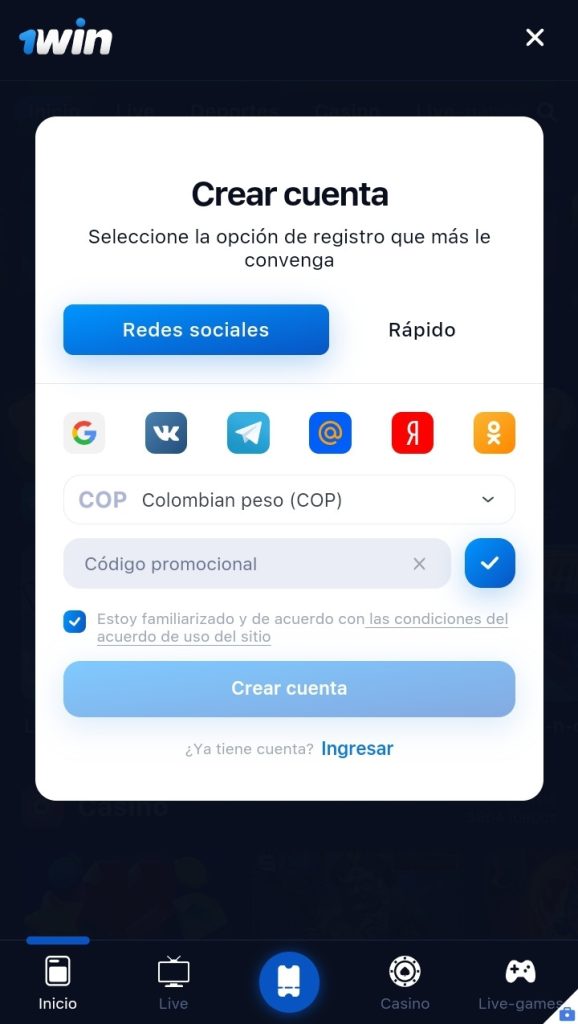 Registro en 1Win Colombia — paso 3